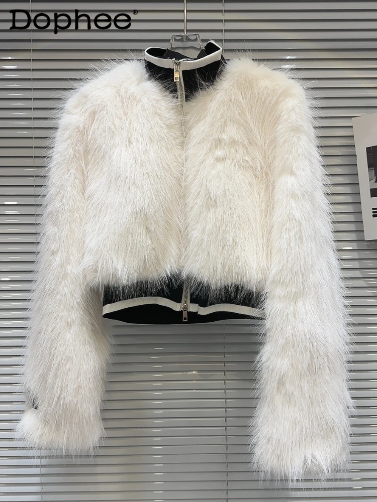 

Hot Girl Style Short White Faux Fur Coat 2023 Winter New Turtleneck Waist Tight Quilted Long Sleeve Zipper Coat Female
