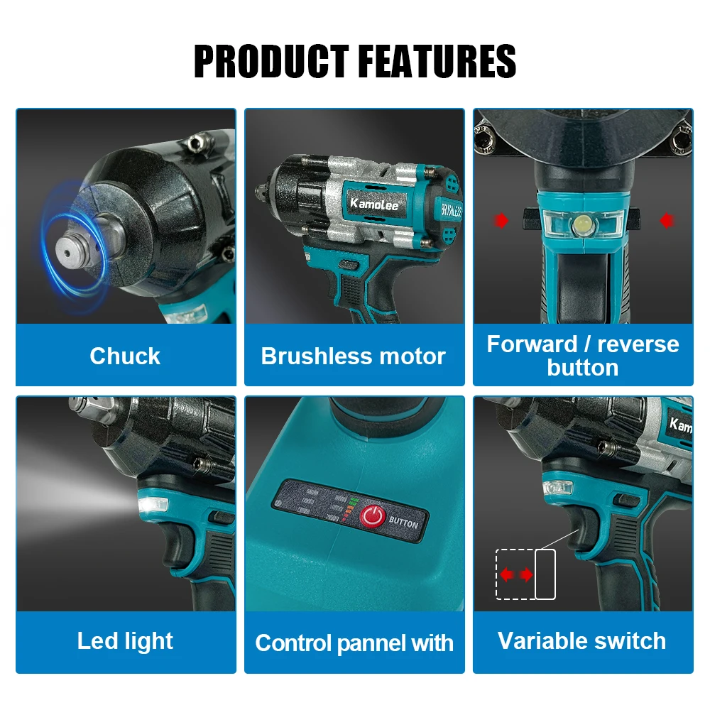 Kamolee 전기 임팩트 렌치, 2100 N.m, 높은 토크, 1/2 인치, 18V Makita 배터리와 호환 가능, 2100N.m