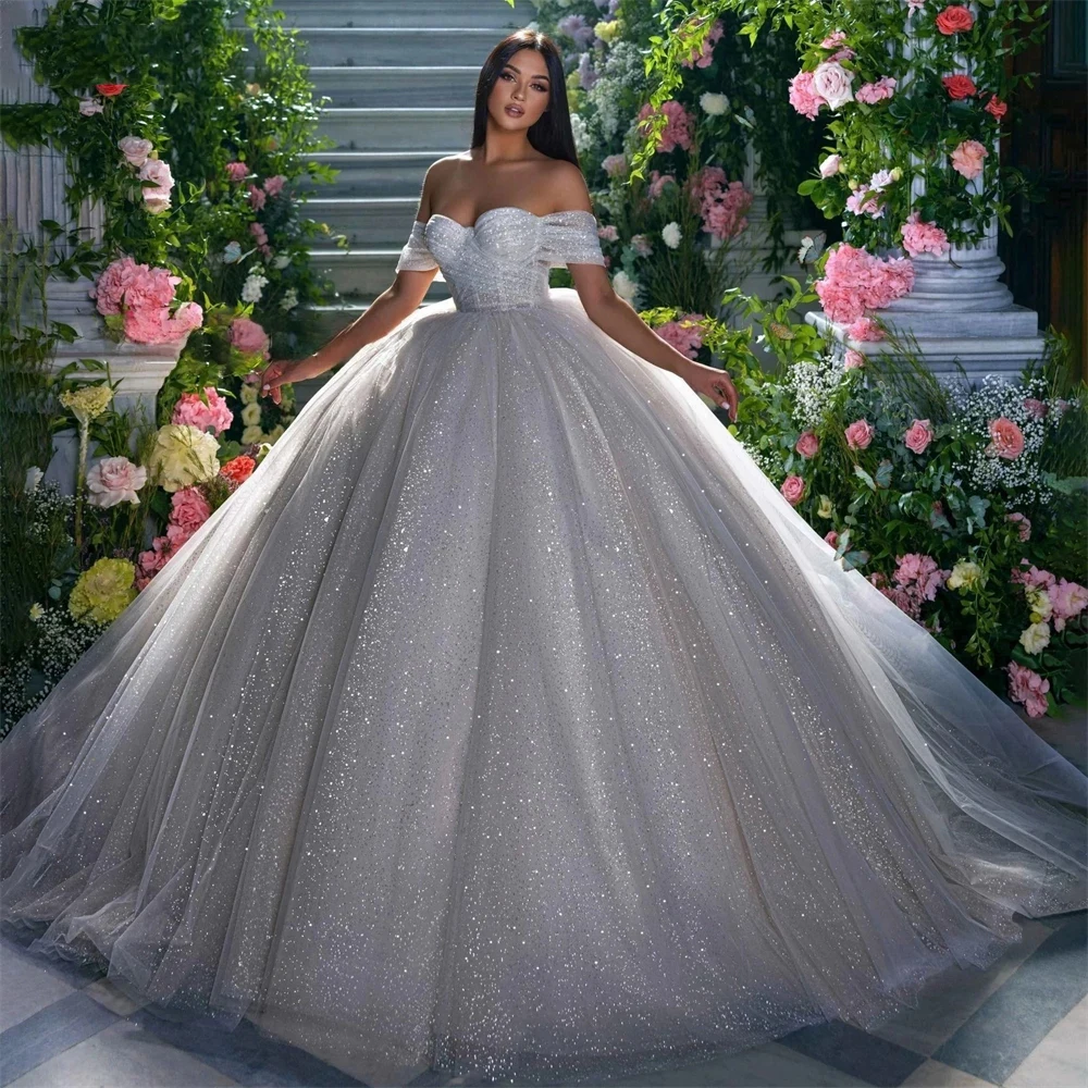 Gorgeous Glitter Tulle Wedding Dresses Off Shoulder Shiny Puffy Pleated Prom Bridal Gowns Sparkly Ball Pageant 2023 Party Robe 3