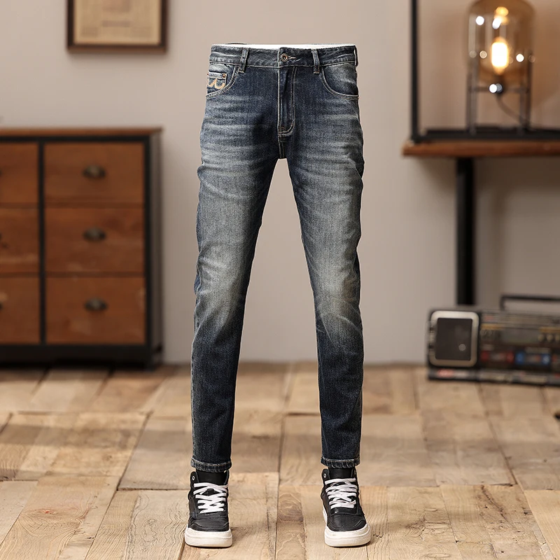 

Newly Designer Fashion Men Jeans High Quality Retro Blue Stretch Slim Fit Vintage Jeans Men Embroidery Casual Denim Pants Hombre