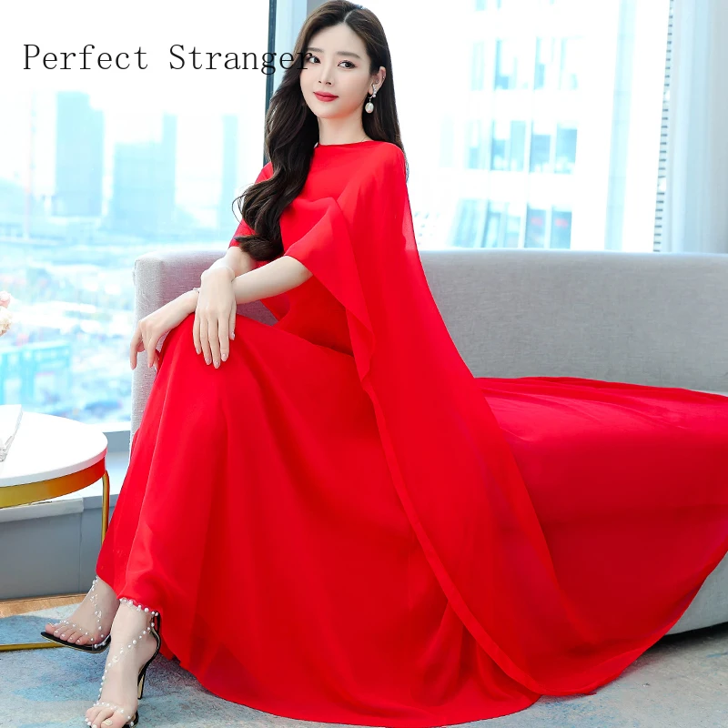 Women Dress Chiffon Solid Color Two Pieces Cape Style Maxi