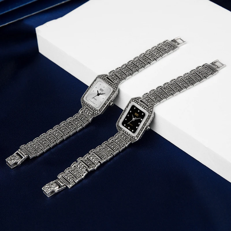 YYSUNNY Women Brilliant S925 Sterling Silver Bracelet Classic Quartz Watch for Ladies Vintage Jewelry Birthday Gift
