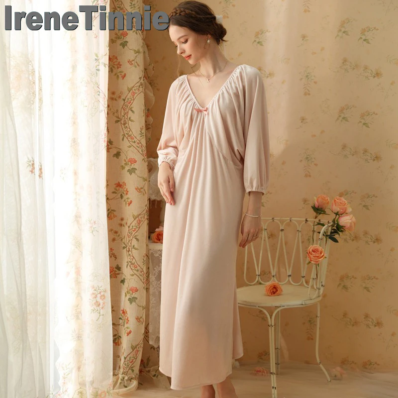 

IRENE TINNIE New Elegance Women Solid Color Nightdress V-neck Long Nightgown Cute Sweet Robe Home Dressing Gown Winter Nightwear