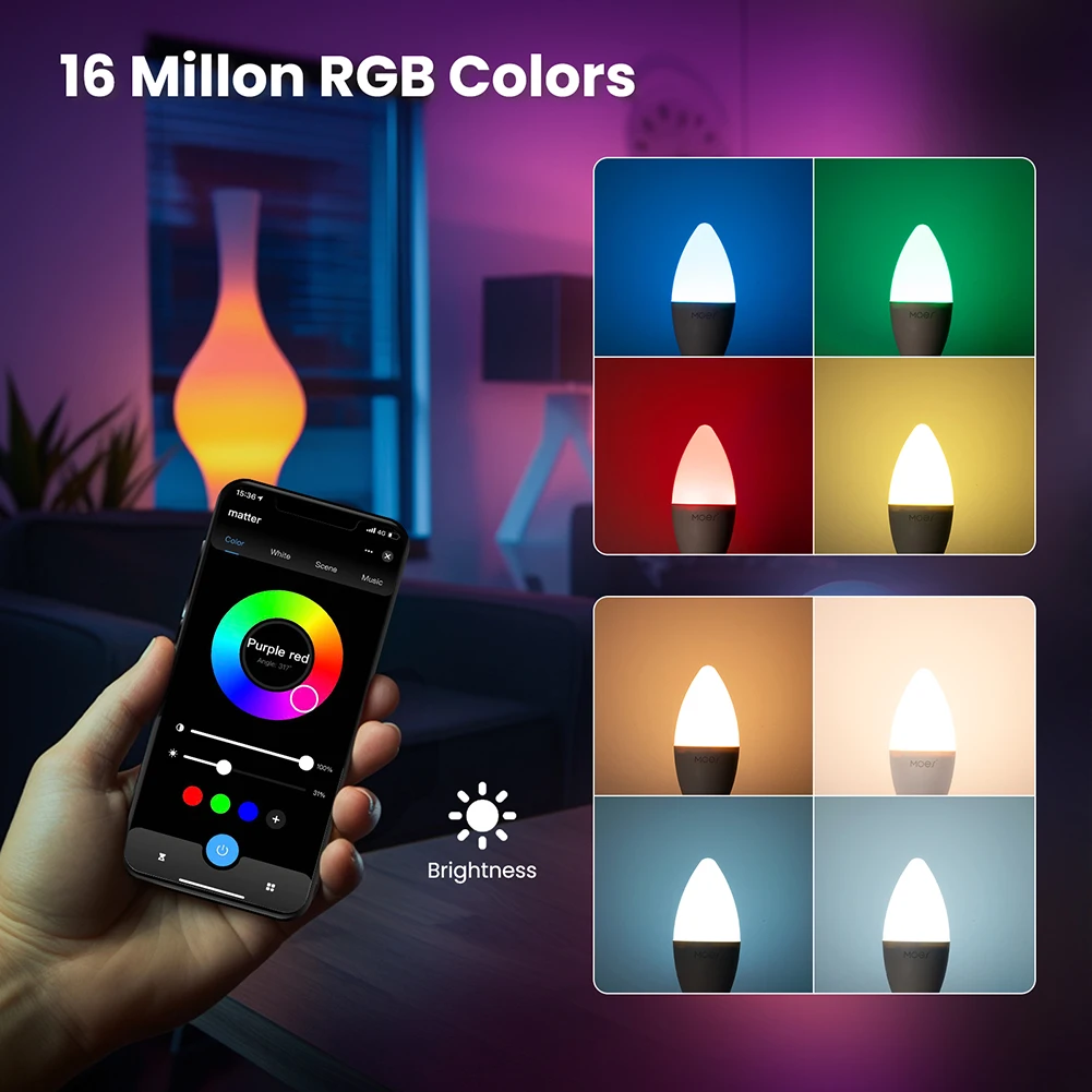 와이파이 스마트 LED 전구, 다색 LED 전구, 16 만 RGB 색상, E14 캔들 램프, 알렉사 구글 홈과 호환, 6W, 470LM