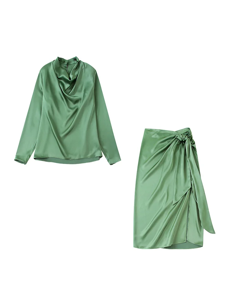 

Элегантные винтажные атласные юбки, комплекты, блузка с воротником-стойкой и узлом для галстука, разрез спереди, подол, юбка миди с высокой талией, комплект из 2 предметов, женская одежда