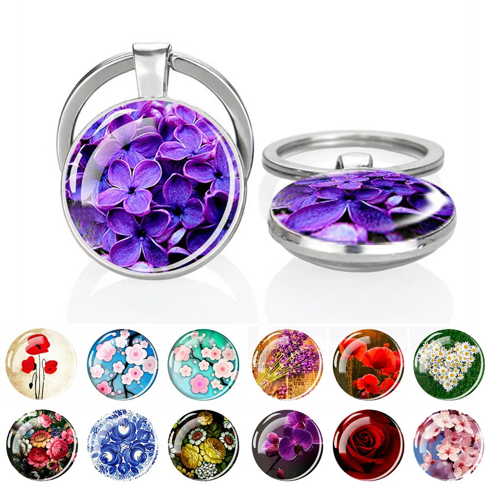 Portachiavi Fiore Cabochon Di Vetro Doppio Lato Portachiavi Rosa Fiori Di Ciliegio Fiore Di Papavero Margherita Portachiavi Gioielli Regalo Per La Fes