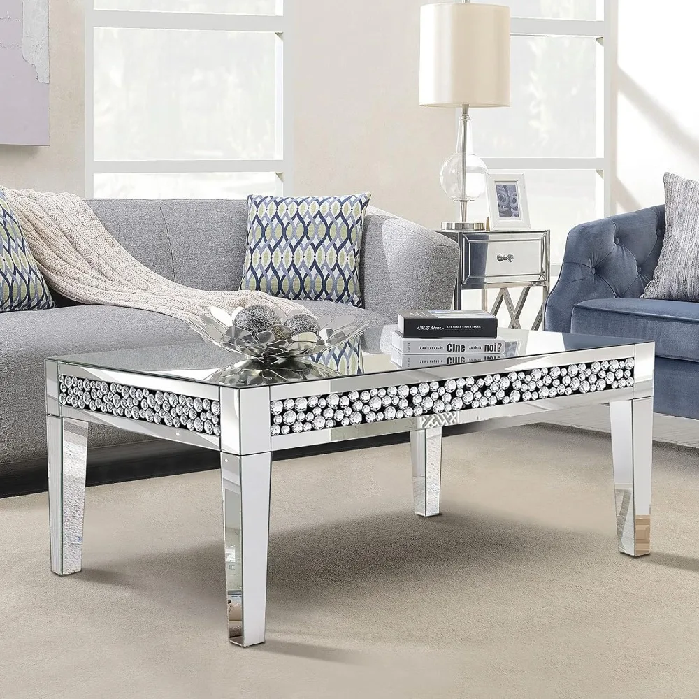 

Rectangle Mirrored Coffee Table, Silver Living Room Table with Cryatal Diamond Inlay, Modern Luxury Mirrored Furniture Tea Table