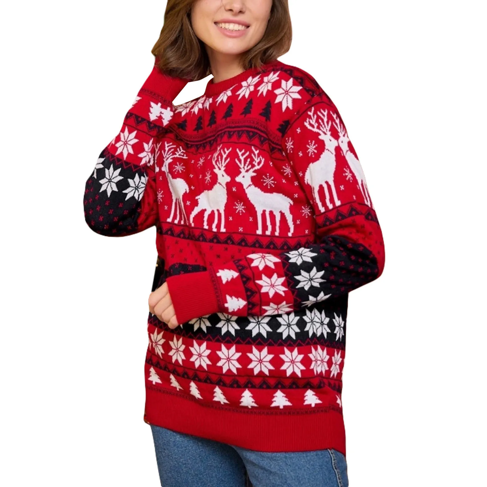 thumbnail image 1 of Suéteres navideños para mujeres, hombres y parejas, suéter feo unisex, suéter de punto con estampado de renos navideños, sudadera navideña de Papá Noel, 1 of 5