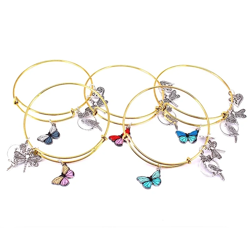 Bangle Bracelet 5pcs Bangle Set Wire Bracelets for Women Girls Jewelry Butterfly Parrot Dragonfly Love Heart Charms