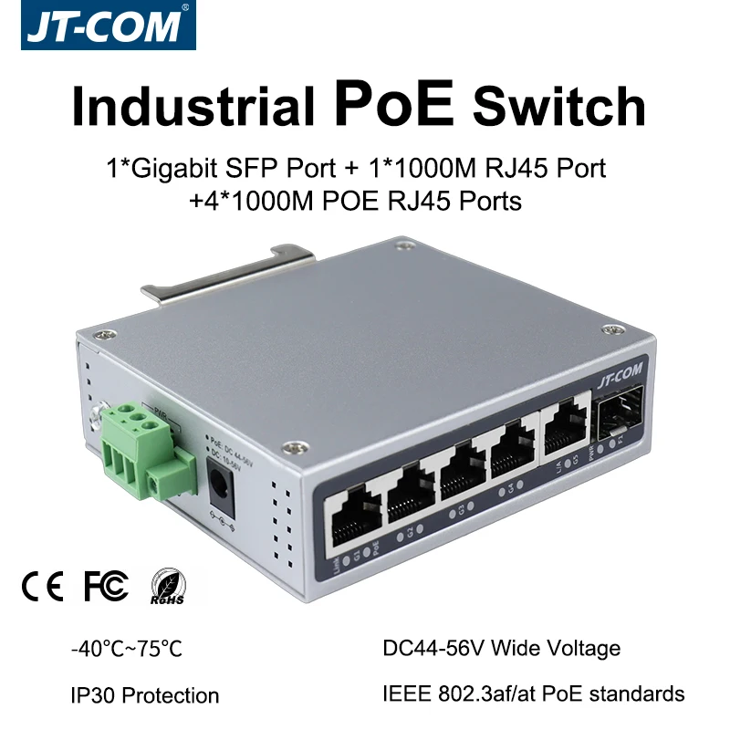 JT-COM 1.25GbE 스마트 산업용 PoE 스위치 1*기가비트 SFP 포트 +1*1000M RJ45 포트 +4*1000M POE RJ45 포트 (IP 카메라/NVR용)