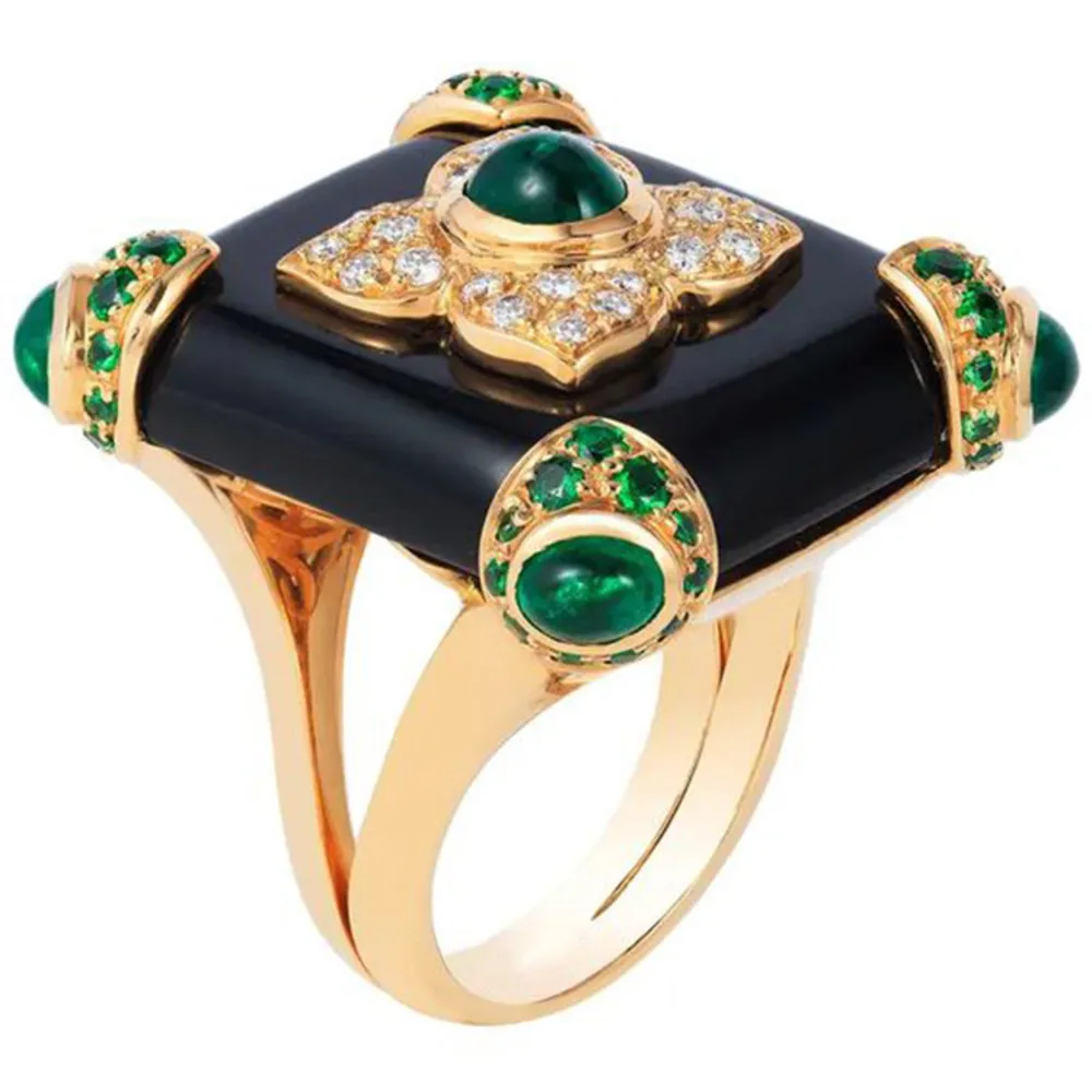 Wosikate Anello Da Donna Vintage Smeraldo Smaltato Onice Nero Placcato Oro 18 Carati Elegante Anello Da Donna Gioielli Da Sposa Regali Di Anniversario