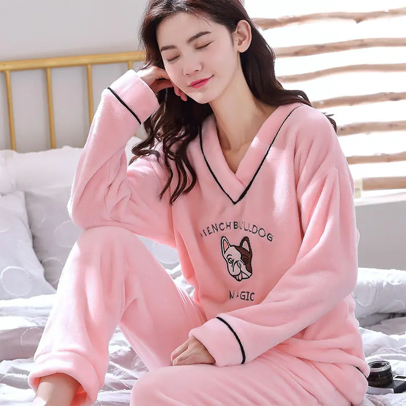 Coral Fleece Sleepwear Women Winter Warm Pajamas Sets Kawaii Clothes Long Sleeve Pullover Pant Loungewear Loose Nightwear Korean