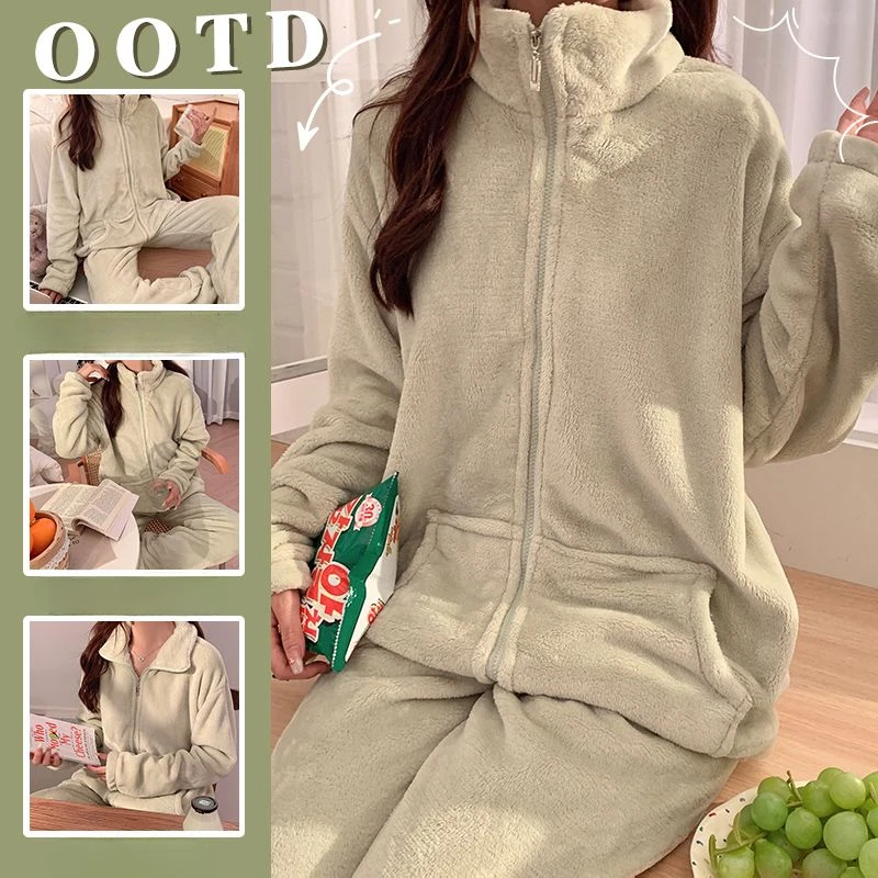 2024 Flannel Pajamas Women Fall Winter Pyjamas Simple Solid Color Nightdress Zipper High-neck Sleepwear Plus Size Warm Home Wear