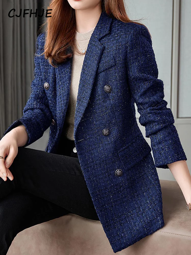 

Navy Blue Winter Tweed Blazers Coat Women Thick Warm Long Sleeve Button Elegant Lady Jacket Coat Double-Breasted Overcoat