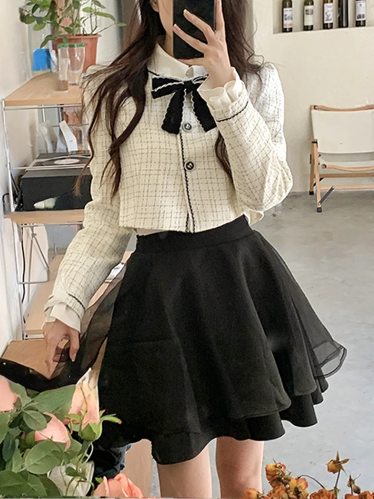 

2023 Spring Elegant Vintage 2 Piece Dress Set Women Sweet Blazers Suits Y2k Crop Tops + Mini Skirt Female Korea Fashion Clothing