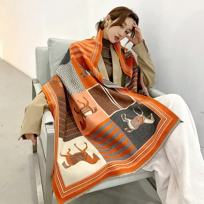2024 Luxury Brand Wool Women Scarf Cashmere Stole Animal Horse Print Scarves Female Winter Warm Pashmina Blanket Wraps