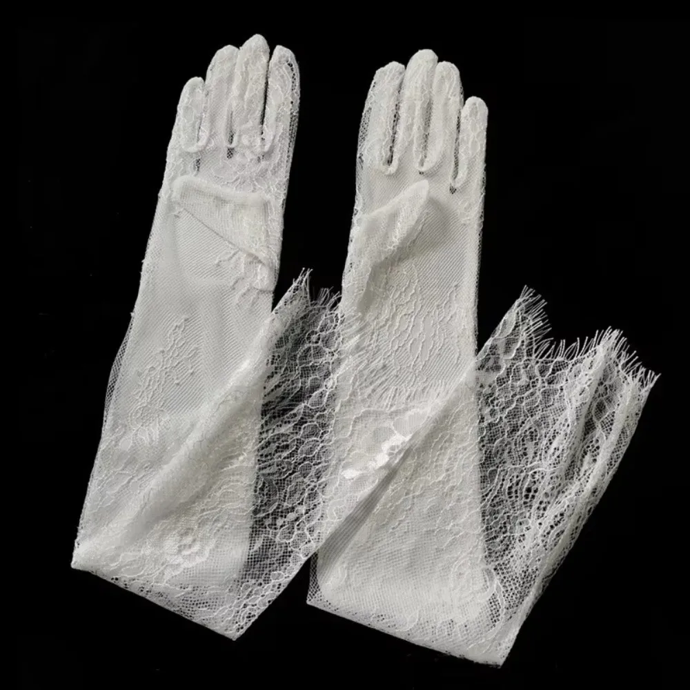 1 Pair Long Length Lace Gloves Thin Material Hollow Out Wedding Gloves Floral Pattern Transparent Opera Gloves Bridal Wedding