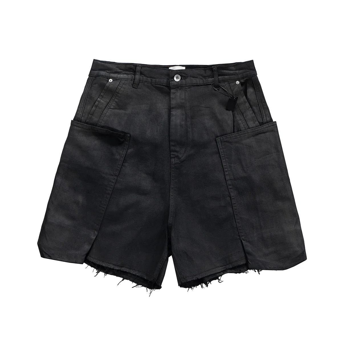 Streetwear New Summer Brush Wax Coated Denim Shorts with Rough Edges Mens Vintage Black Frayed Baggy Jeans Oversized Loose Short