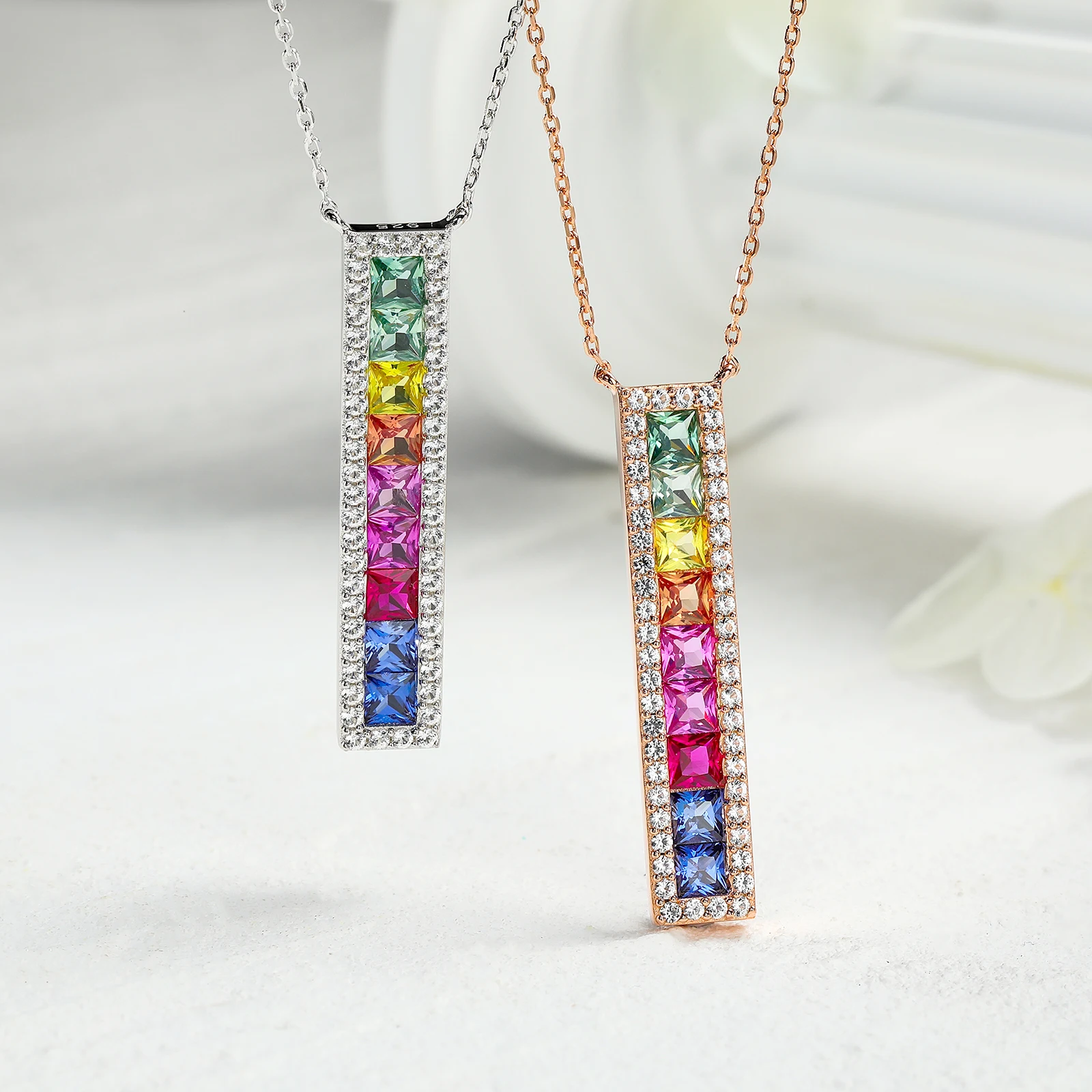 GZ ZONGFA 925 Sterling Silver Necklaces for Women 2.0ct Created Gemstone Vertical Colorful Bar Pendant Necklace Fine Jewelry