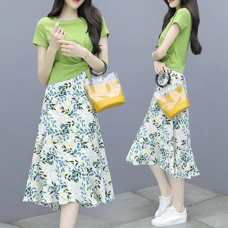 

Милая и свежая шифоновая юбка с коротким рукавом однотонный топ с цветочным принтом средней длины облегающий комплект из двух частей с высокой талией элегантный L18