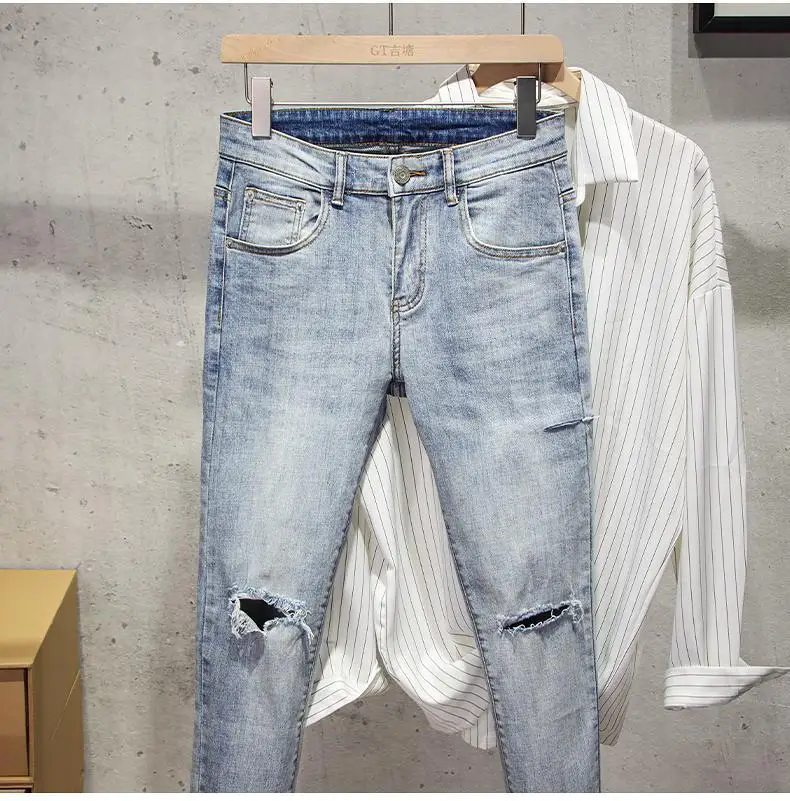 Description Picture 6 of item2024 Korean Fashion Men New Summer Luxury Brand Men's cowboy washed Slim Casual Denim Jeans Distressed Holes Distressed Jeans