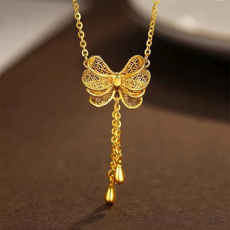 Advanced AU999 Gold Ring Silk Bow Necklace Women's AU750 Hollow Bow Earrings 24K Ring Real Gold Goddess Jewelry