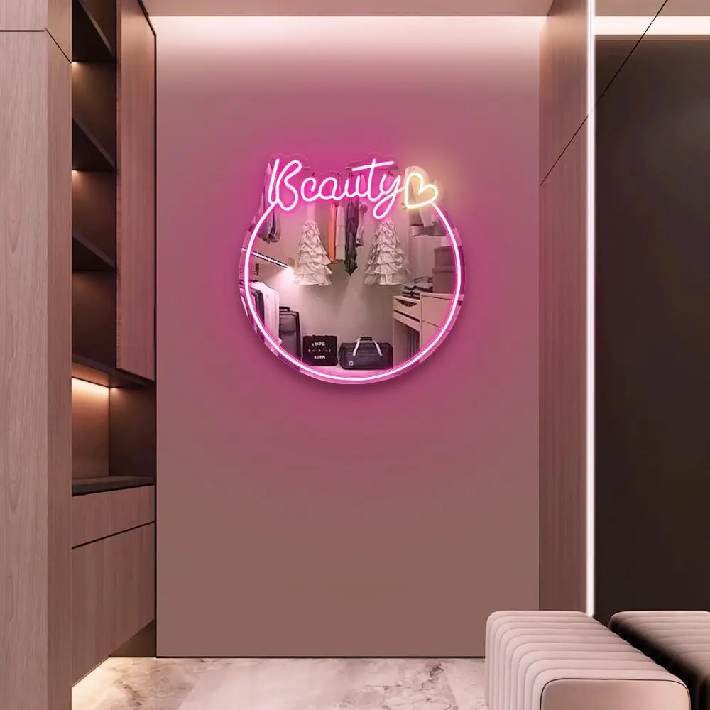 Espelho Neon Laço Rosa DUOLIYBC - Decoração Quarto Feminino Com Luz Ajustável