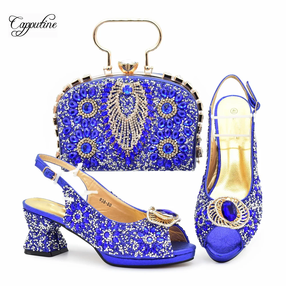 

Royal Blue Women Shoes And Bag Set To Match African Ladies High Heels Sandals With Handbag Pumps Clutch Femmes Sandales 938-80