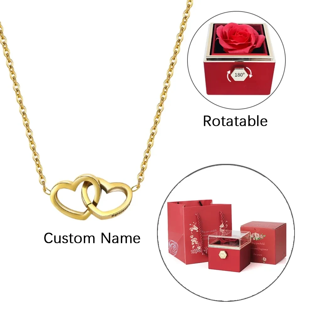 

New Valentine's Day Gift Custom for Women Double Heart Engraved Name Steel Necklace Eternal Rose Box Wedding Ring Box