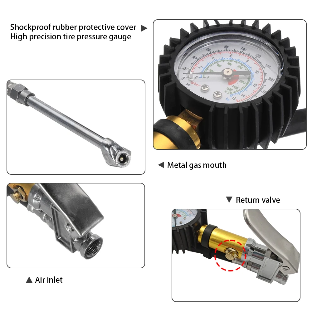 220PSI Car Motorcycle Multifunctional Tire Air Pressure Monitoring Gauge Tester Air Compressor Dial Meter Inflator Pump Tools 3