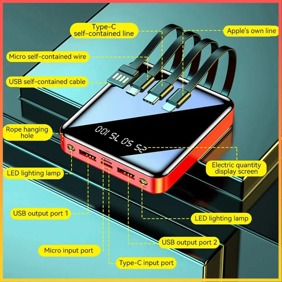 

20000mAh Power Bank Mirror Digital Display Screen Built-In Cord Mobile Power Supply Compact Portable Mobile Phone Accessories