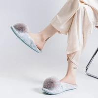Satin Embroidery Flat Slippers Women Fashion Hairball Decoration Designer Shoes Cozy Lightweight Indoor Non-Slip Cotton Slippers - Image 2