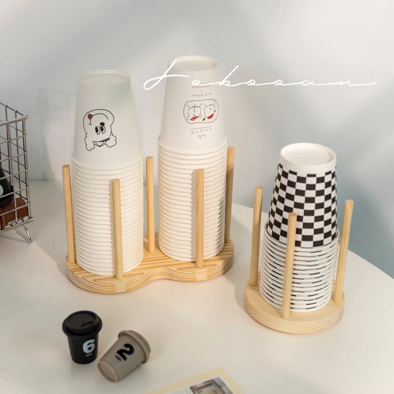 Disposable paper cup dispenser coffee and milk wooden cup storage rack holder with Longer Stick Mug Display Stand Organizer