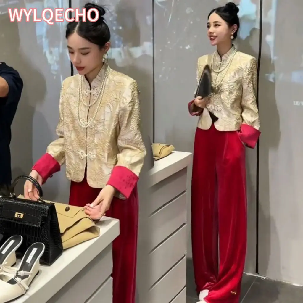 New Chinese National Style Tang Suit Jacket Stand Collar Retro Buckle Coat Red Slim Straight Pants Fashion 2-piece suit
