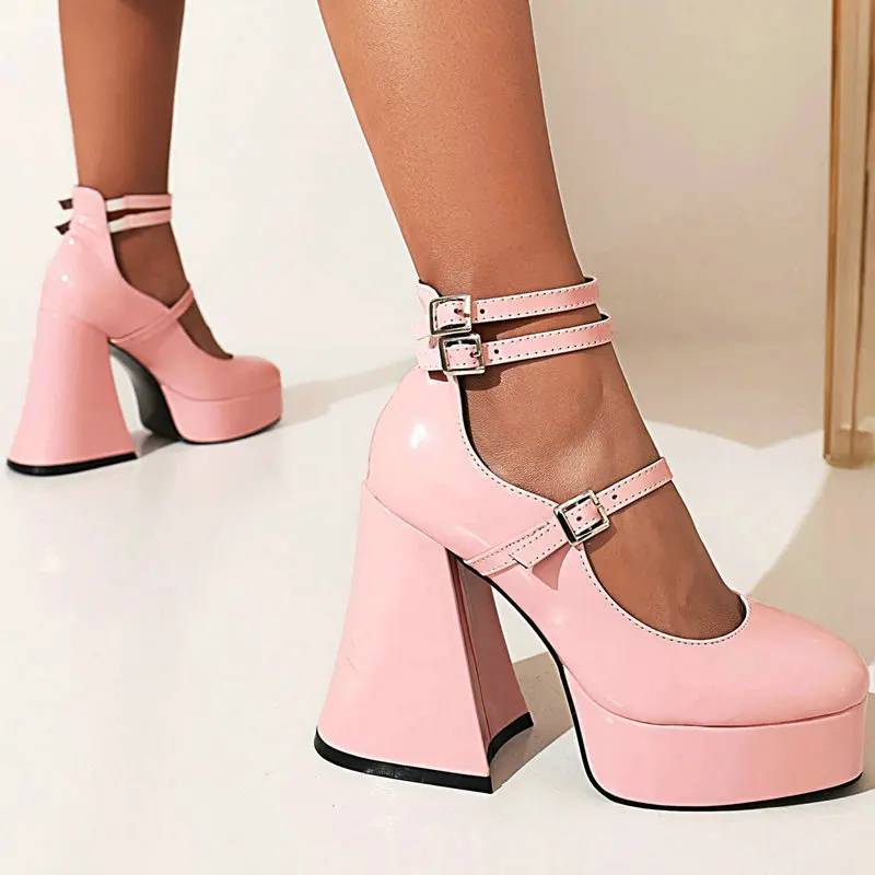 

Fetish PU Patent Leather Round Toe Multi-buckle Strap Girls Womans Shoes Closed Toe Heels Chunky Heel Platform Mary Janes Pumps