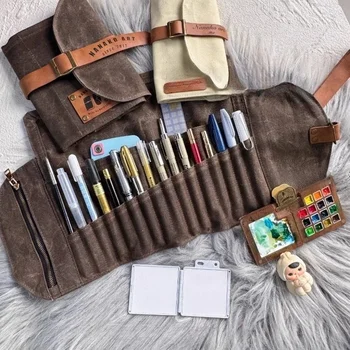 Oil Wax Leather Pen Roll Canvas Storage Bag 1