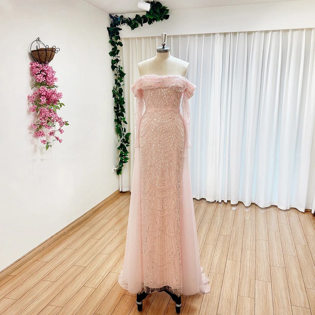 S74c8497a8fef46d2b805752eeb1df144q Elegant Sky Blue Mermaid Pearls Evening Dress for Women Long Sleeves with Detachable Train Formal Prom Wedding Party Gowns Mallzona
