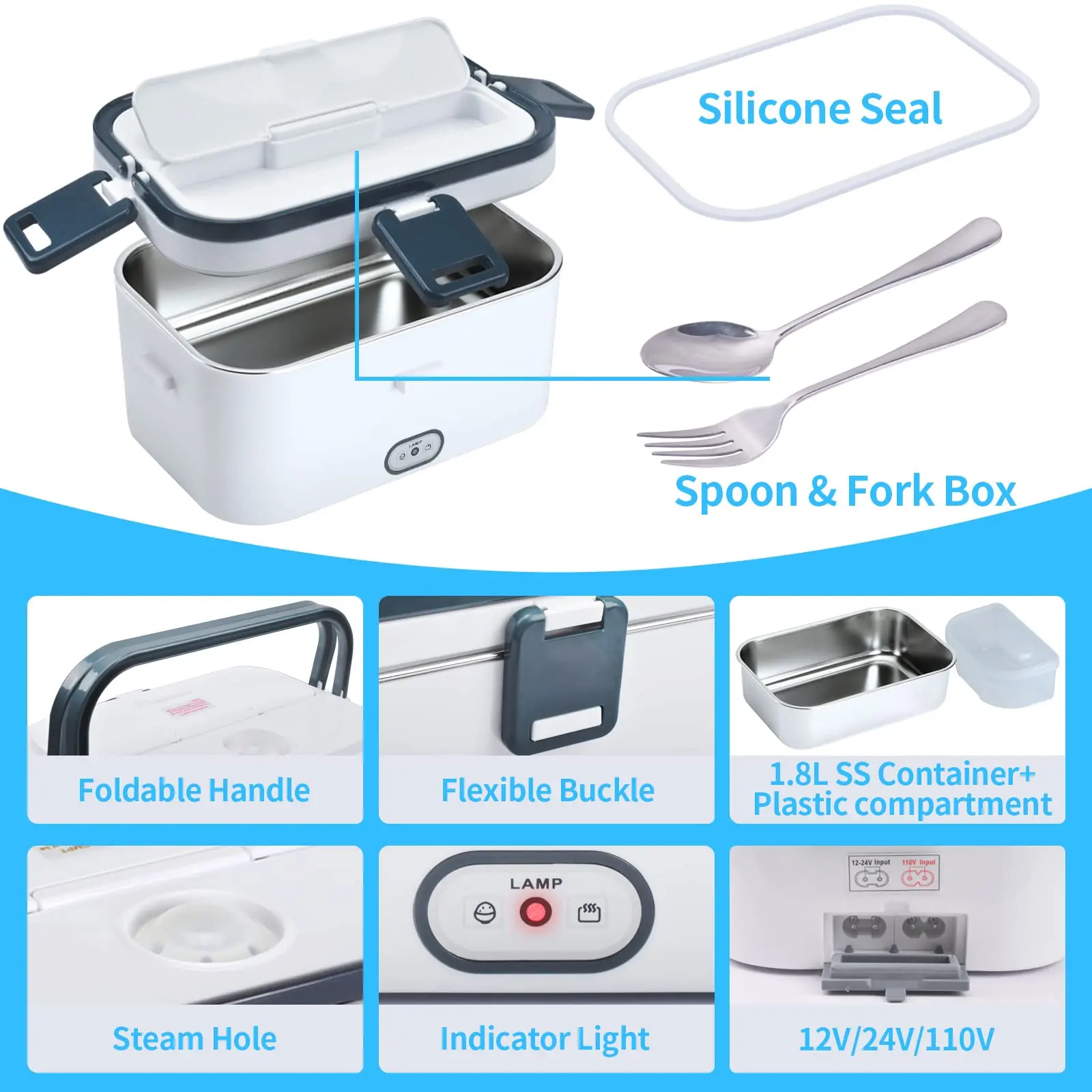 Description Picture 5 of item1.8-Litre Stainless Steel Electric Heating Lunch Box 12V 24V Car US EU Plug School Picnic Portable Food Warmer Container Heater