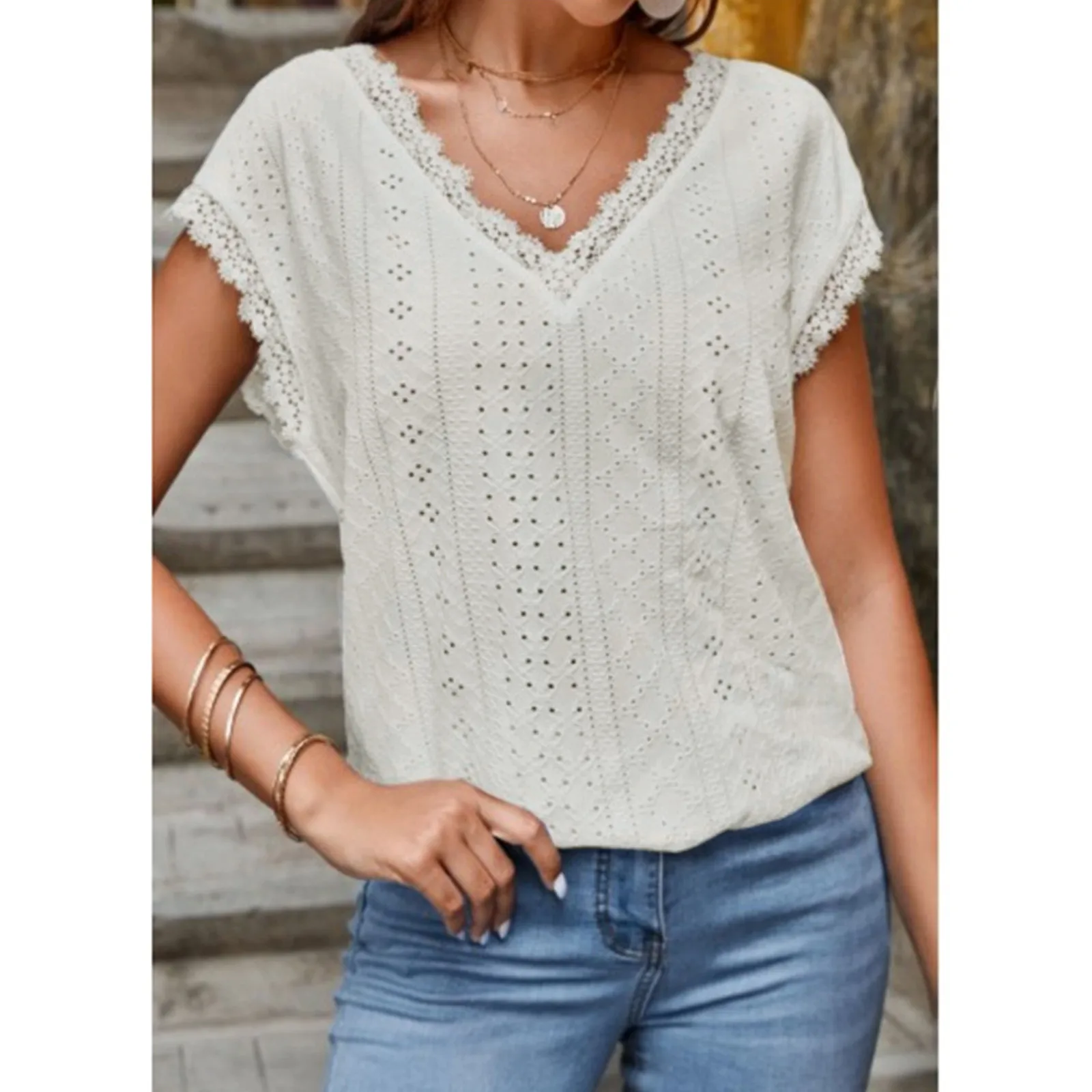 

Lace Stitching Chiffon Shirt Women'S Shirts Summer Peplum V Neck Blouses White Hollowed Out Short Sleeve Top Casual Blusas