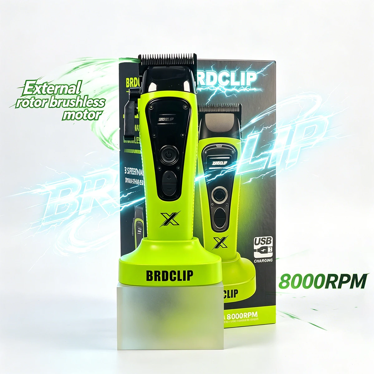 전문가용 전기 헤어 클리퍼 외부 로터 브러시리스 모터 8000RPM 페이드 DLC 블레이드 4500mAh 베이스 포함 BRD-R..