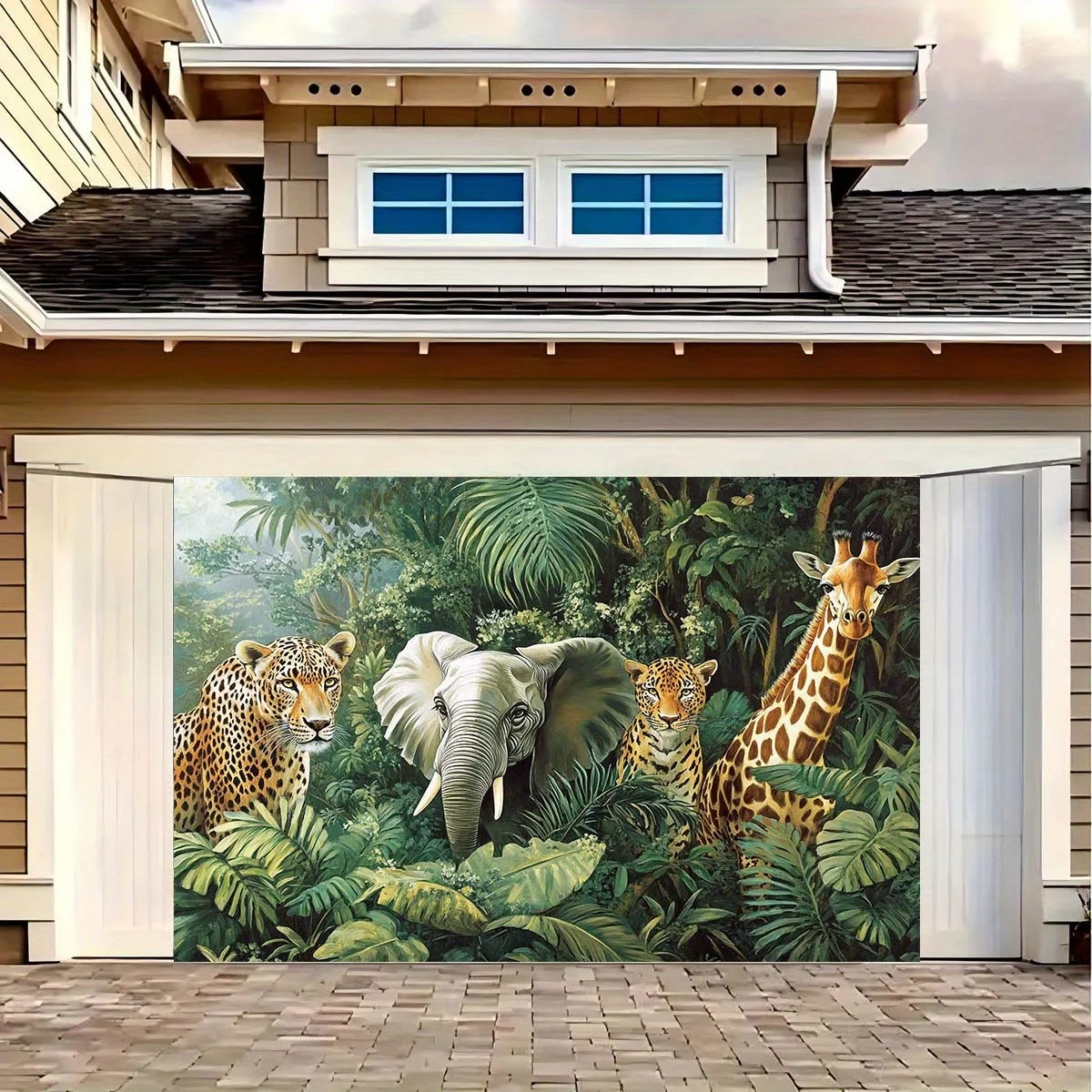 Hintergrundtuch mit Dschungelabenteuermotiv, mit Elefanten, Leoparden, Giraffen und üppiger Grünlandschaft – Detail 8