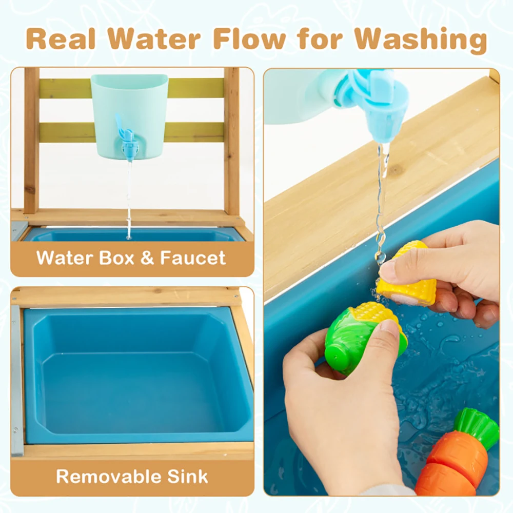 Wooden Kids Play Kitchen Outdoor Mud Kitchen with Removable Sink Water Box & Faucet Stove Top Storage Shelves for Boys Girls 3+