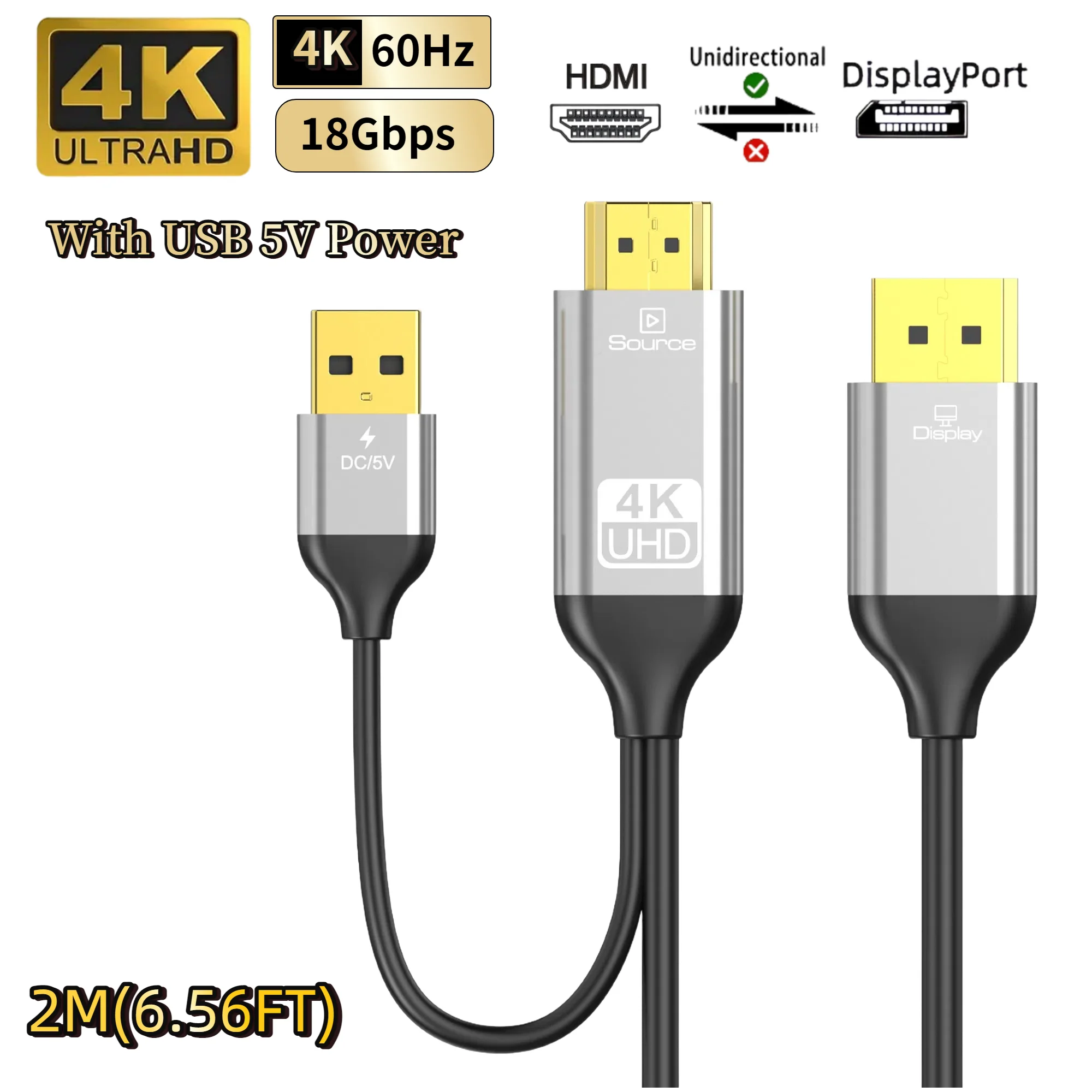 4K HDMI to DisplayPort Cable  4K@60Hz Uni-Directional HDMI to DP Adapter Active Source to DP (Monitor) Cord Compatible PC Laptop