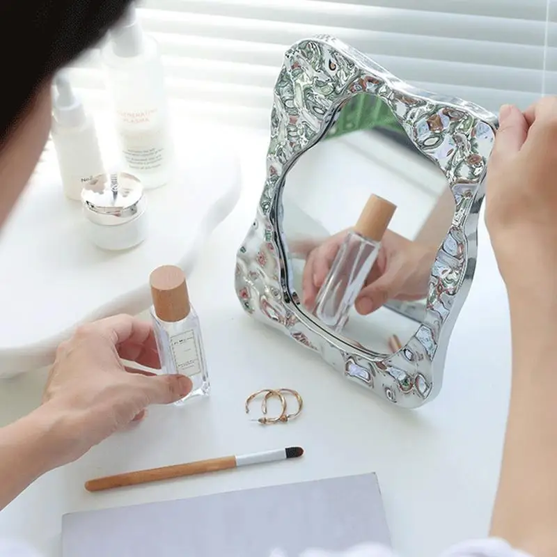 Desktop Mirror Aesthetic Desk Mirror With Stand Irregular Wave Design Stylish Cosmetic Tool For Kids Adults Student Dormitory