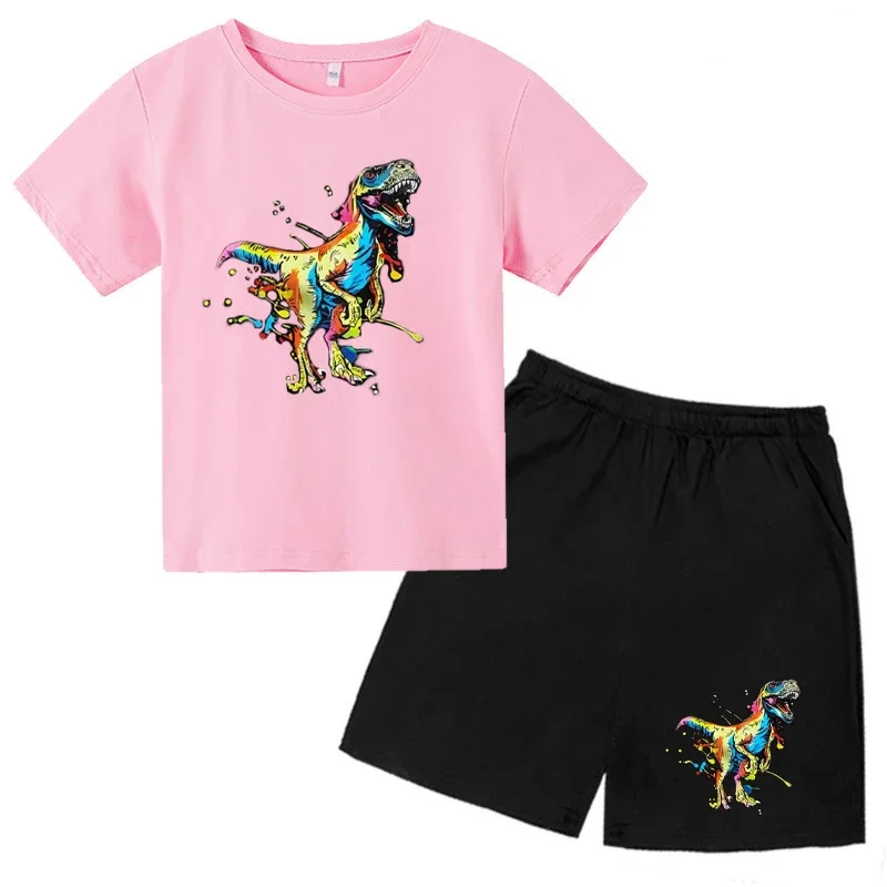 thumbnail image 1 of 2024 Nuevo traje de camiseta con estampado de grafiti para niños, diseño de dinosaurio, camiseta estampada + pantalones cortos, 2 piezas, conjunto de moda para niños y niñas, 1 of 5