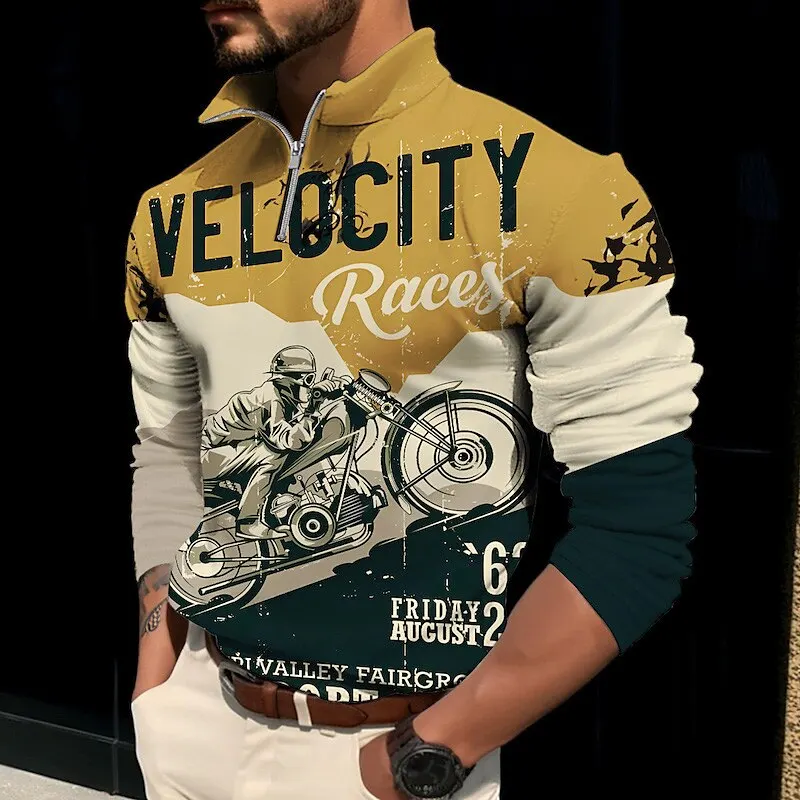 

Vintage Men's Zip Sweater Motorcycle Print Long Sleeve Tops Retro Oversized Hoodies For Men Autumn Fashion Men's Hooded Pullover