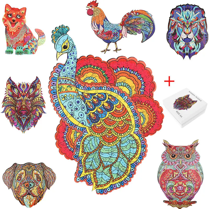 P Adults Animal Wooden Puzzle Peacock Owl Chameleo Jigsaw Wood Educational Toys For Kids |