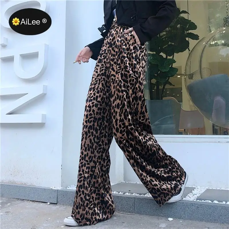 Korean Fashion Ins Harajuku Leopard Pants Women Mujer Floor Length Long Wide Leg Pant Chic BF Straight Draped Elastic High Waist