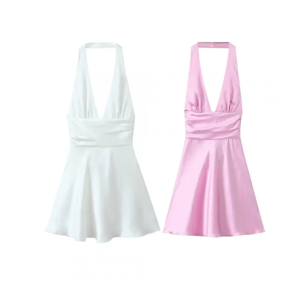 

Women's 2024 Summer Sexy Satin Sleeveless Dress Fashion Backless Bow Knot Hanging Neck Skirt Silk Satin Sling Evening Dress