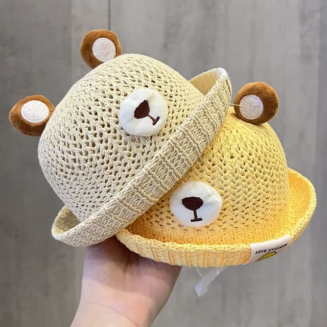 Chapeau de paille tissé à bord roulé pour bébé, casquette ours de  protection solaire pour enfants